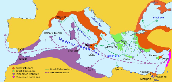 Mapa starożytnych szlaków handlowych na Morzu Śródziemnym